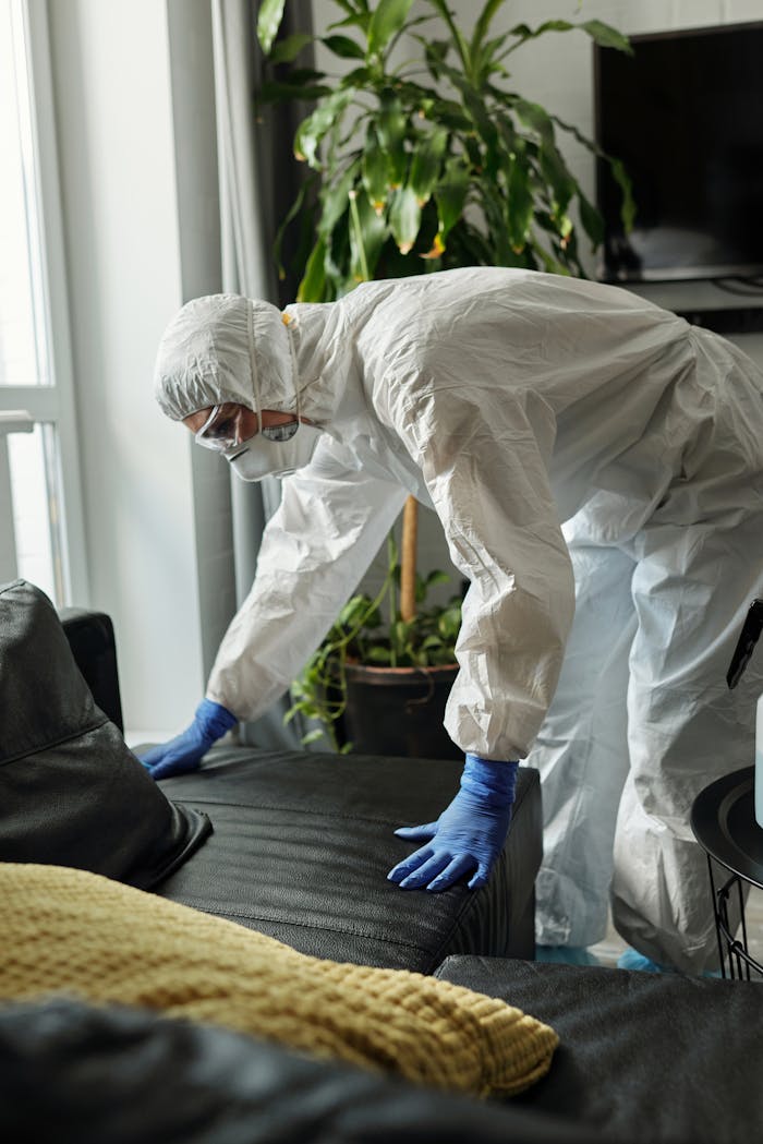 A person in full protective gear cleaning a modern living room, ensuring safety and hygiene.